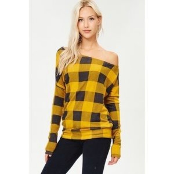 white birch Tops - Yellow Plaid Single shoulder top